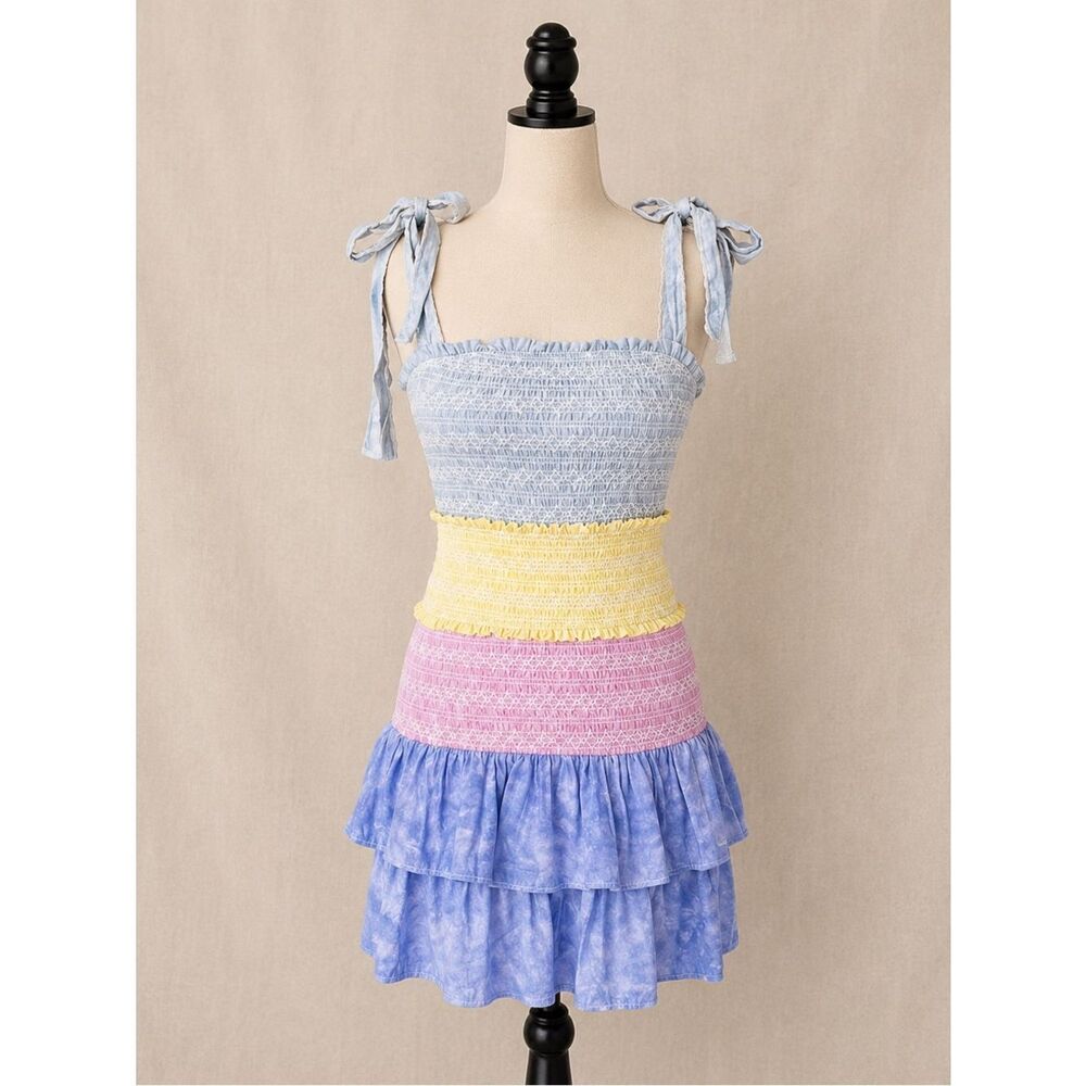 Free The Roses Women's XS Cotton Multicolor Smocked Tiered Midi Dress